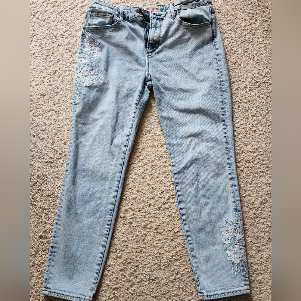 DRIFTWOOD Light Blue Skinny Jeans with Floral Lace Appliqué